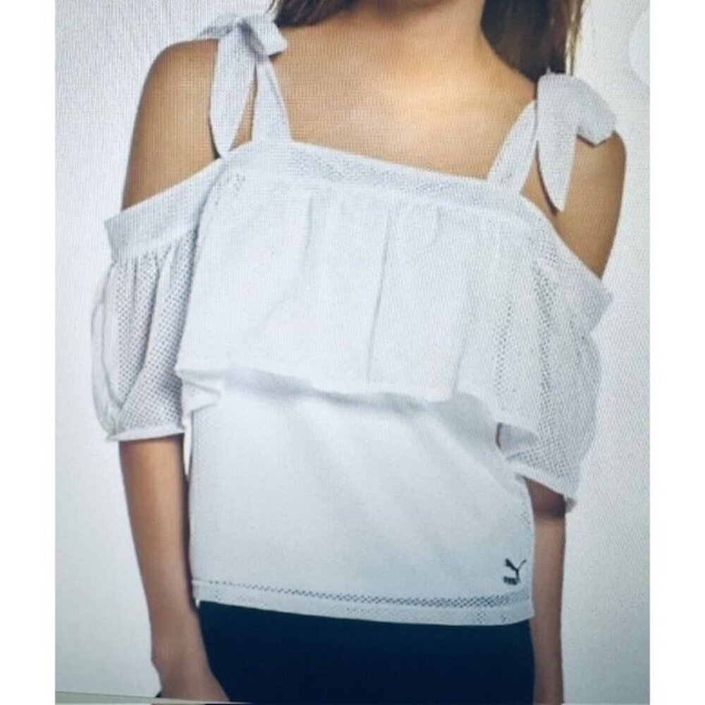 PUMA Women White Mesh Active Off-Shoulder Tie-Strap Layered Ruffle Sporty Top S